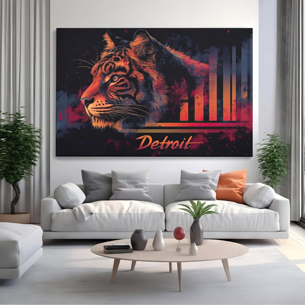 Tablou canvas cu tablou canvas cu profil de tigru neon, fara rama, pe sasiu de lemn, pe perete intr-un living